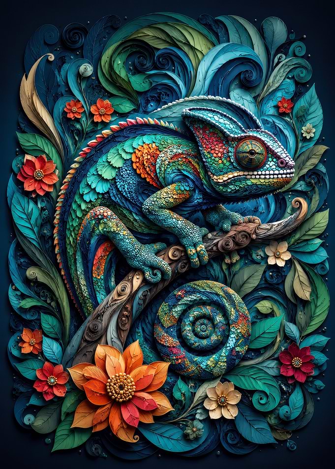 Vibrant Chameleon Amidst Floral Foliage