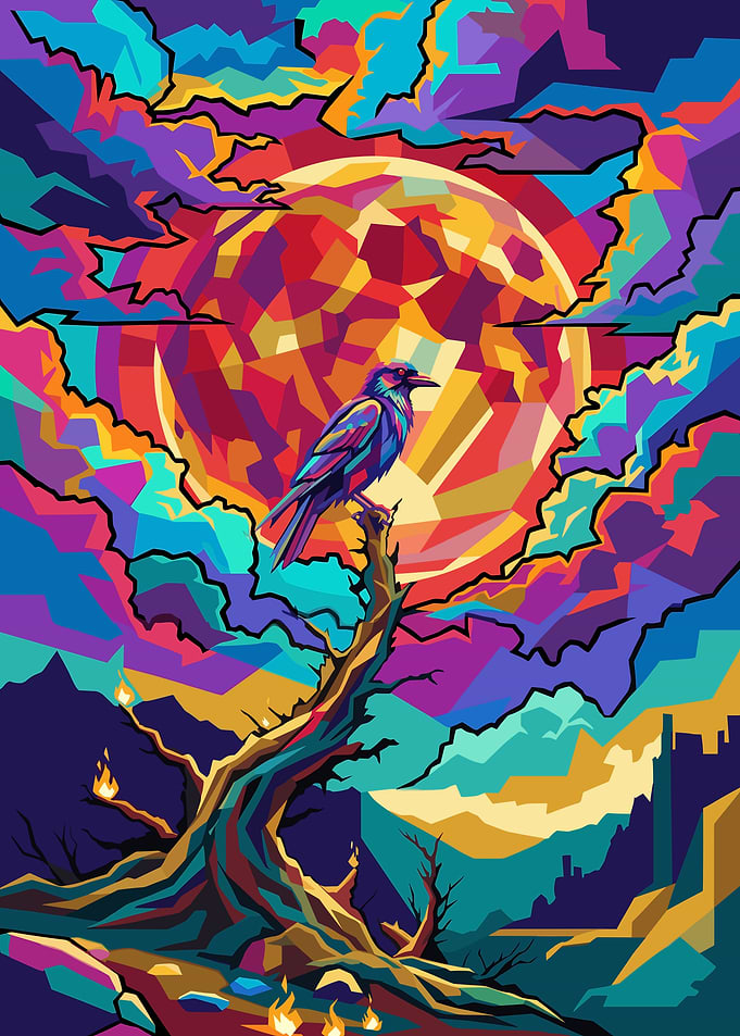 Raven on a tree under a colorful moon
