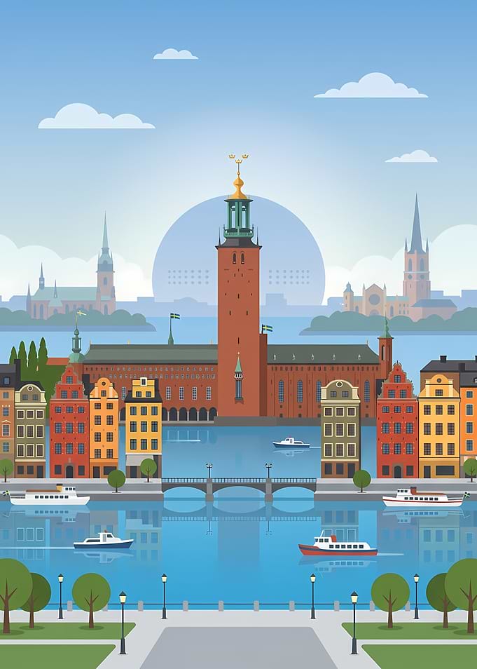 Stockholm City Hall Waterfront Illustration