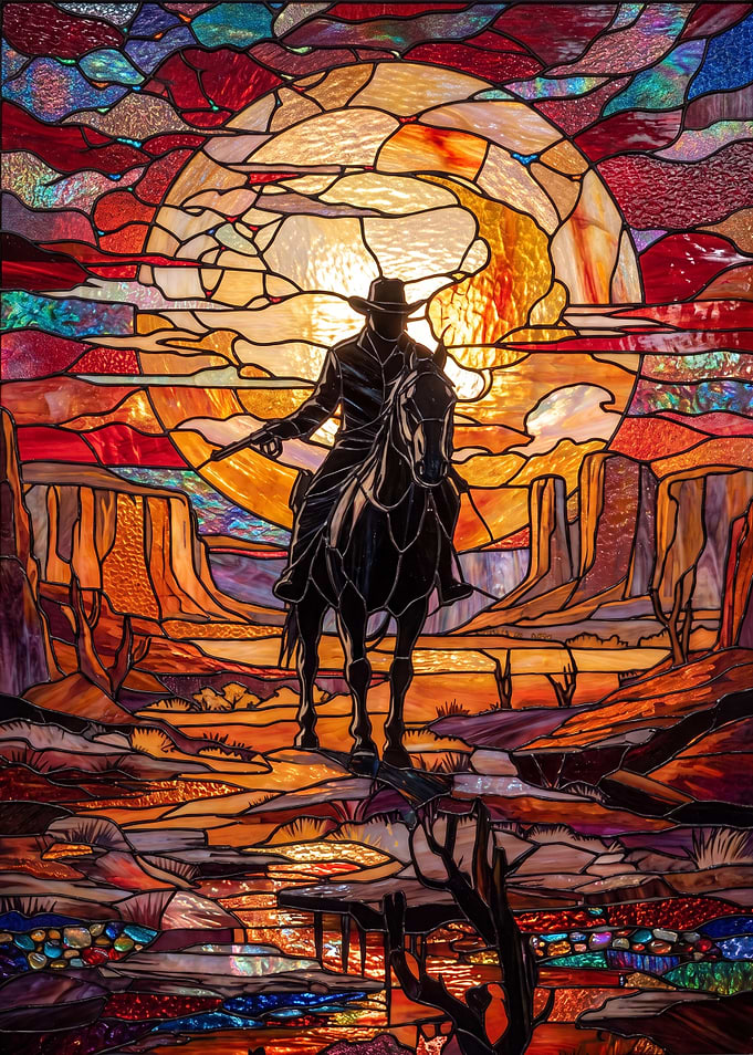 Cowboy on Horseback at Sunset