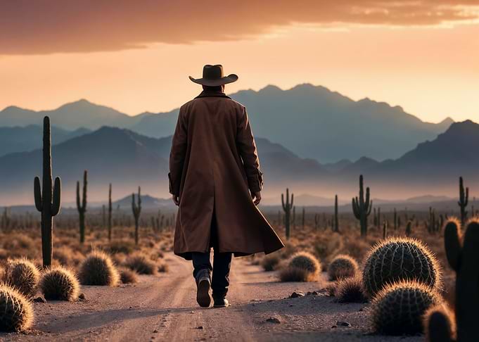 Cowboy walking in desert landscape