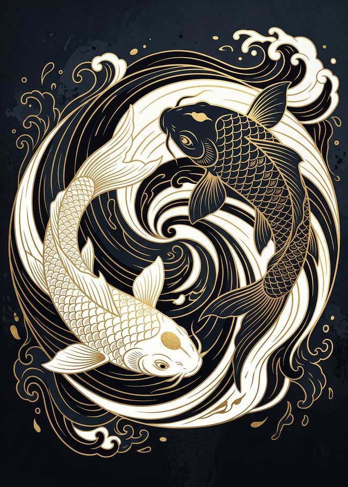 Japanese Koi Fish Yin Yang Whirlpool Motion Zen Wall Art