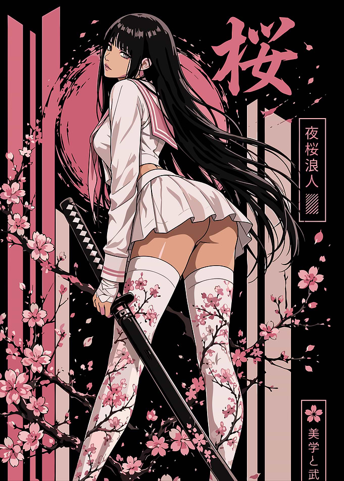 Girl with Katana and Cherry Blossoms