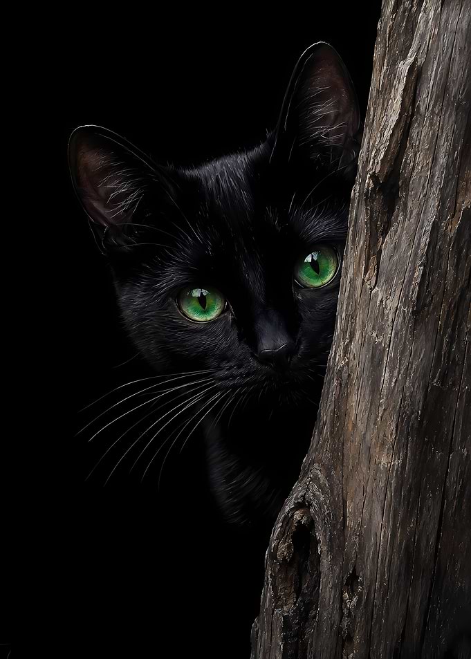 Black Cat Peeking from Behind Tree