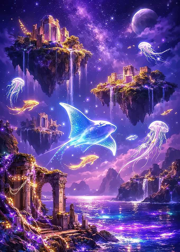 Magical Floating Islands with Bioluminescent Sea Life