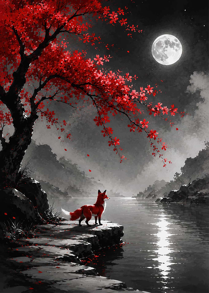 Fox by a Moonlit River