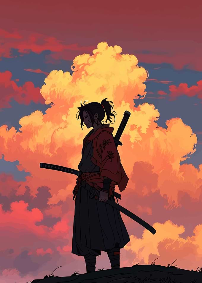Samurai warrior against dramatic sunset clouds