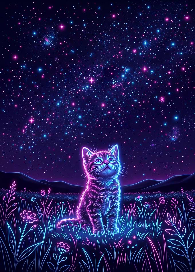 Neon Cat Sweet Kitten Under Starry Sky