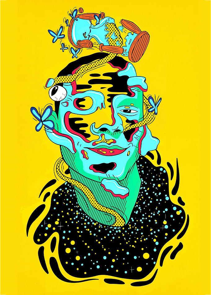 Surreal Portrait with Butterflies and Hourglass