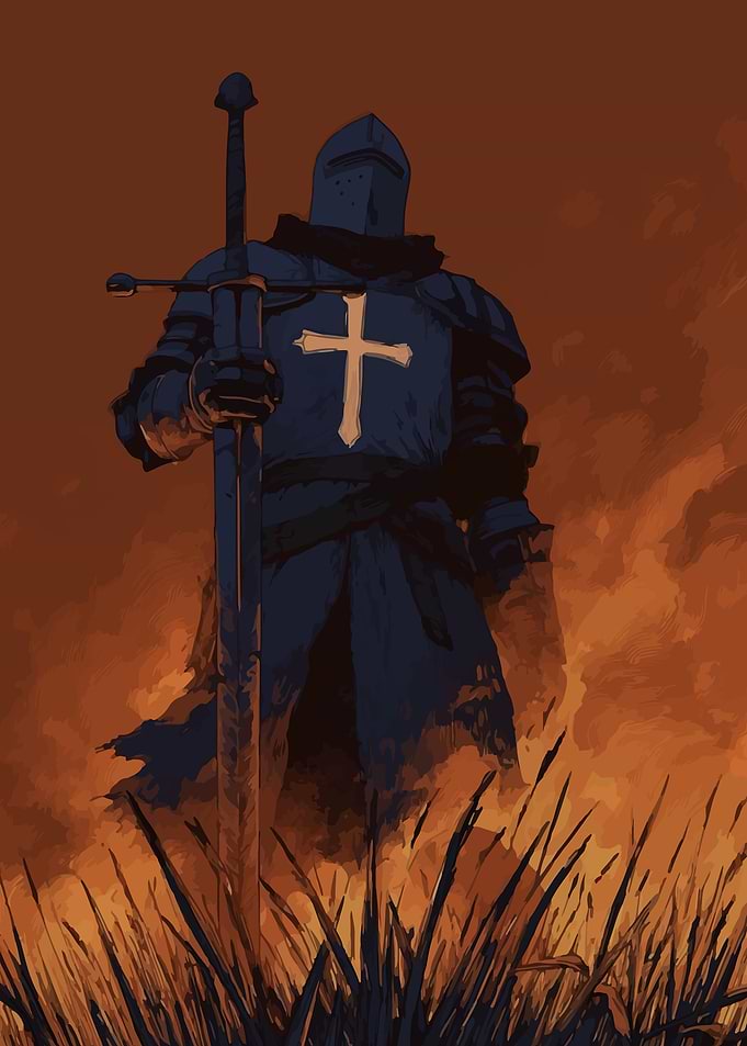 Knight with Sword in Fiery Landscape