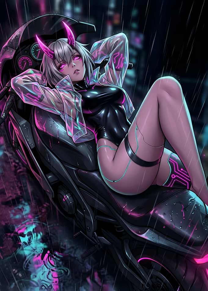 Cyberpunk Oni Girl on Motorcycle