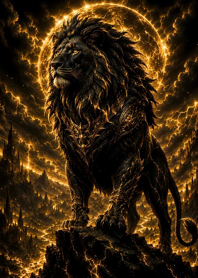 Majestic Lion in Fiery Landscape