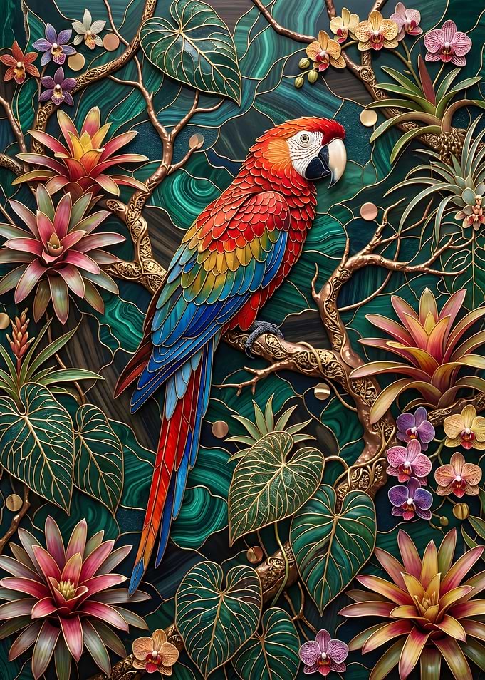 Scarlet Macaw in Tropical Floral Setting