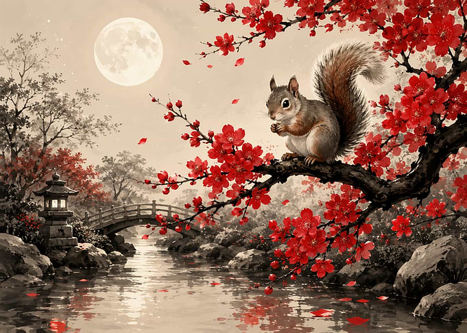 Squirrel on Cherry Blossom Branch