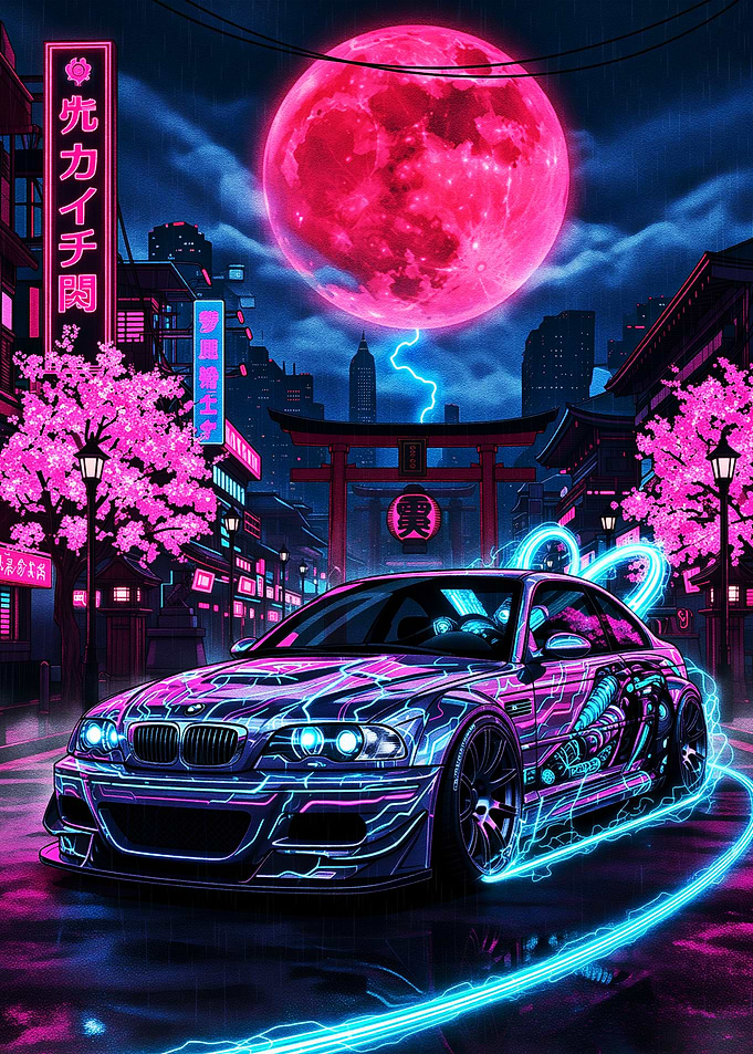 Cyberpunk Car Under Pink Moon