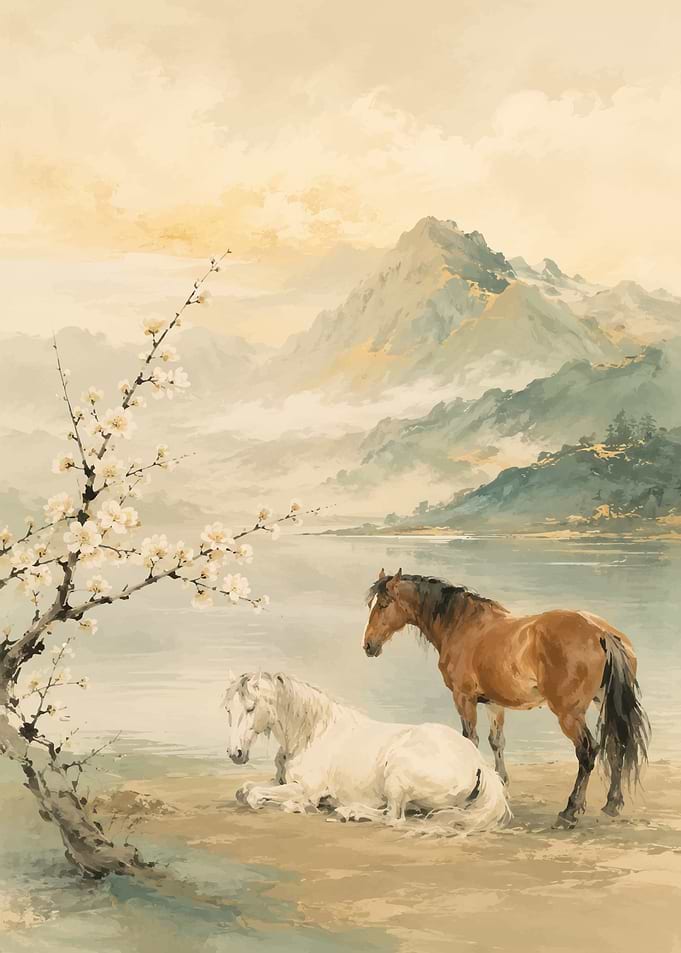 Horses by a serene lake with mountains