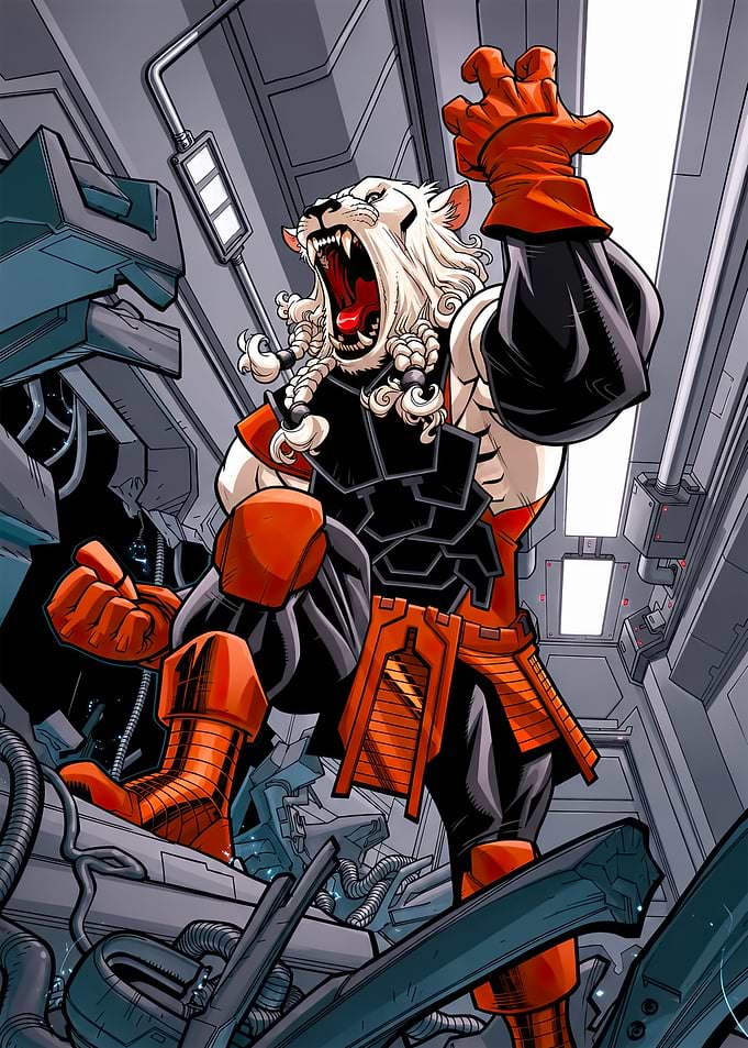 Tiger-like warrior in futuristic armor