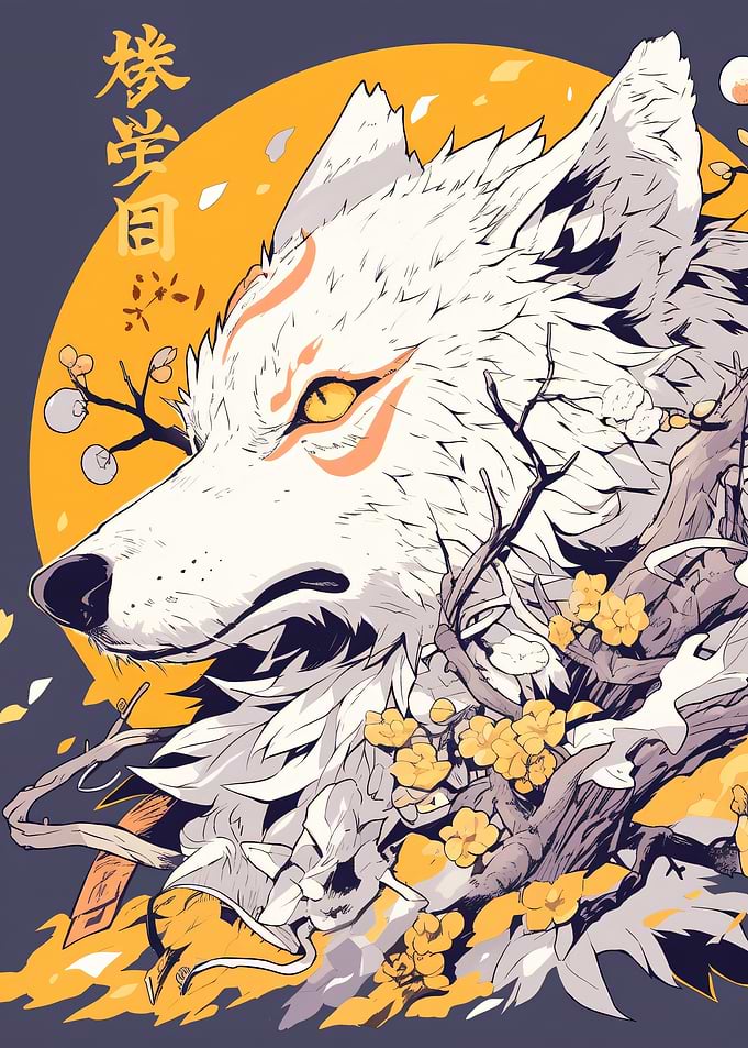 White Wolf with Yellow Eyes and Flowers