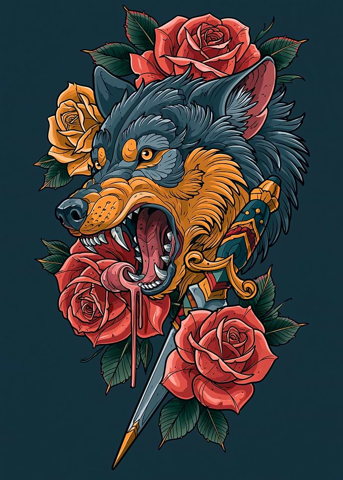 Wolf and Roses Tattoo Design