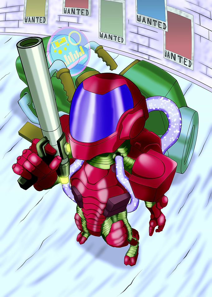 Sci-fi bounty hunter with weapon