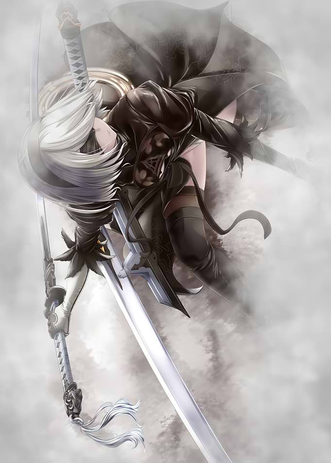 Anime character with swords in mist
