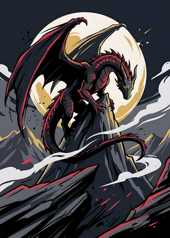 Black Dragon on Mountain Peak Wall Art
