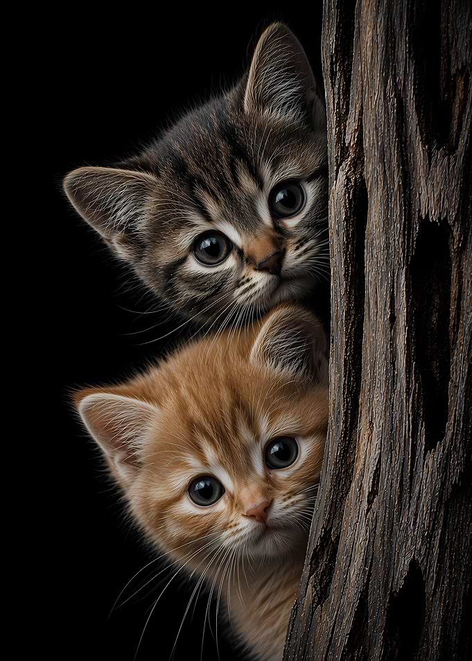 Two Kittens Peeking from Behind Wood
