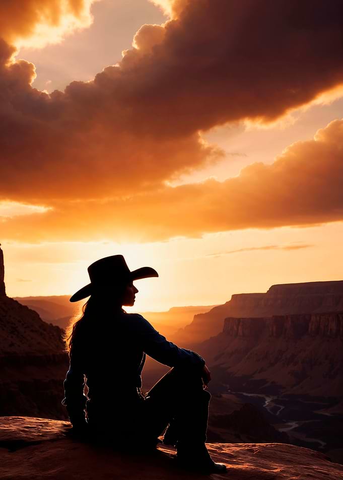 Cowgirl silhouetted against Grand Canyon sunset