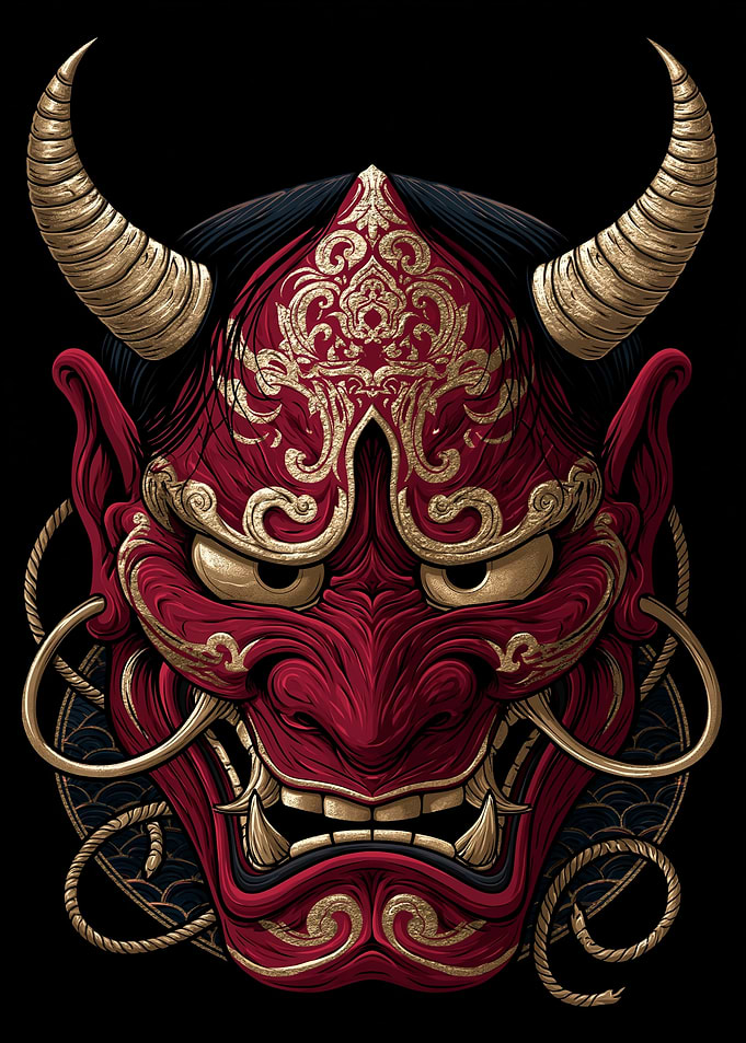 Red Oni Mask with Gold Ornaments