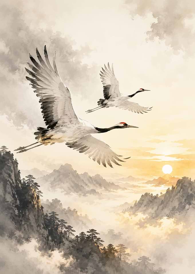 Cranes flying over misty mountains at sunset