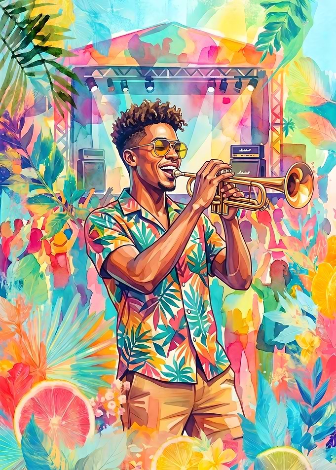 Man playing trumpet at a vibrant festival