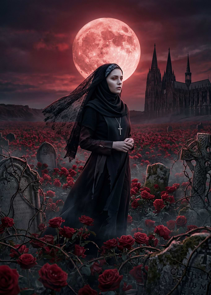 Nun in a rose cemetery under a blood moon