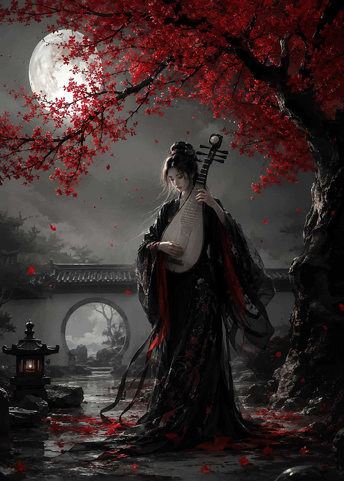 Woman Playing Lute Under Red Maple Tree