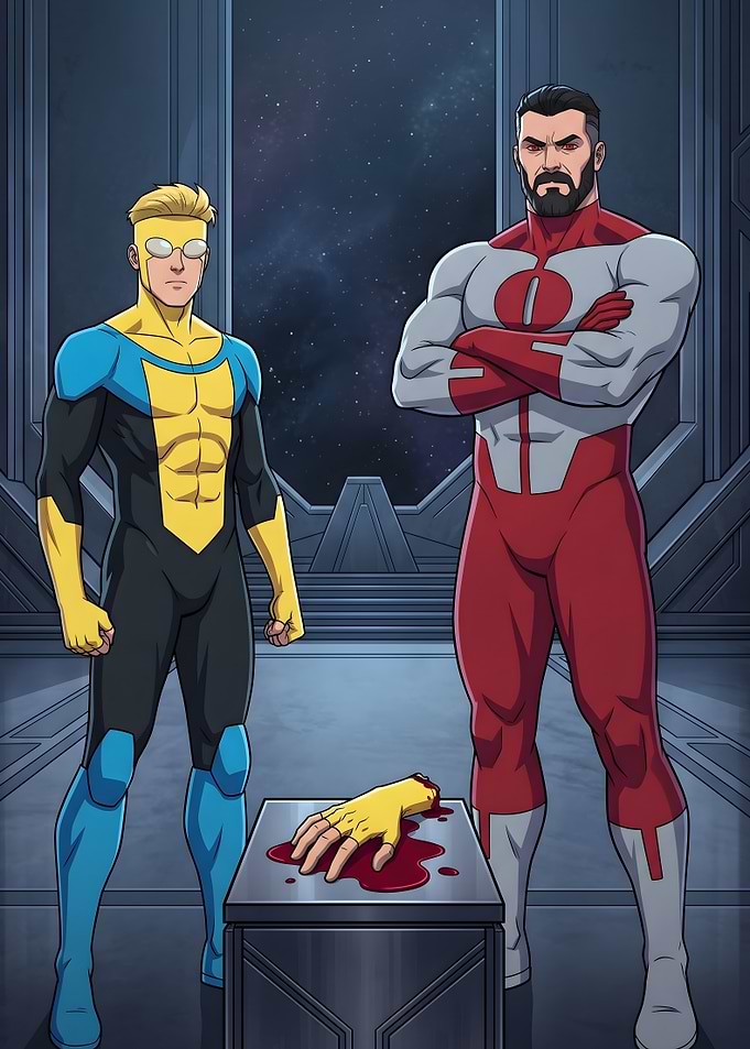 Invincible Comic and Omni-Man with severed hand