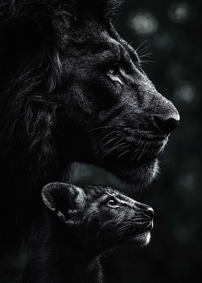 Black Lion and Cub Portrait