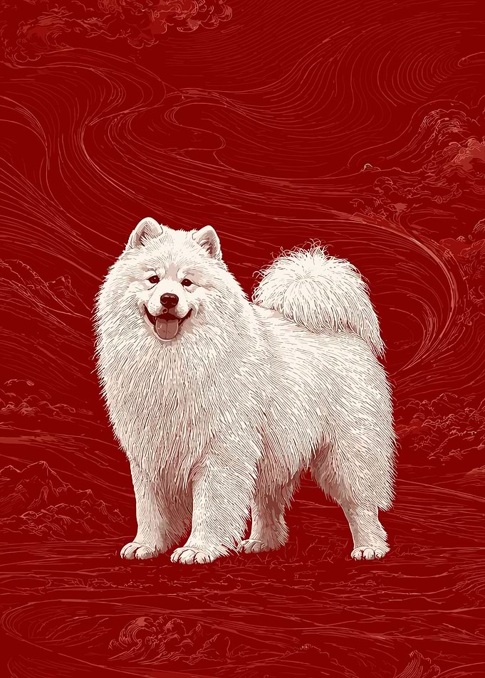 Samoyed Dog on Red Background