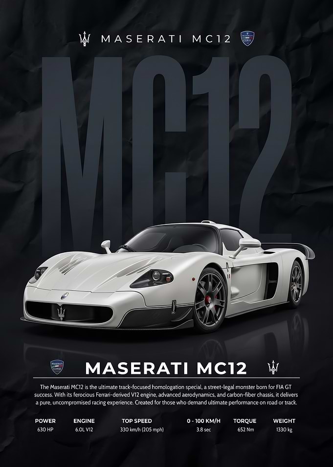 sleek white Maserati MC12 Supercar poster