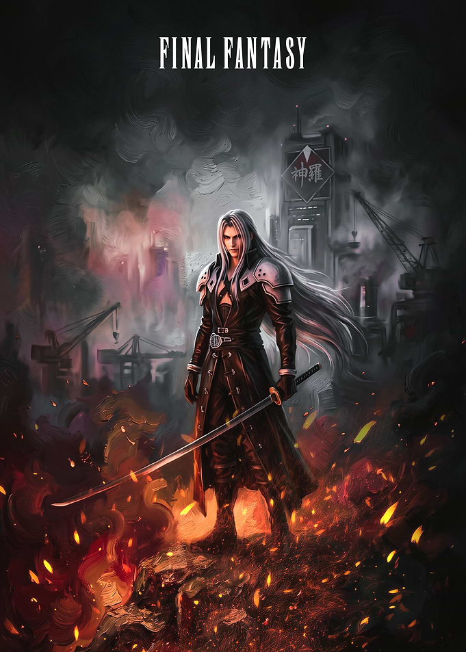 Sephiroth in a fiery industrial setting
