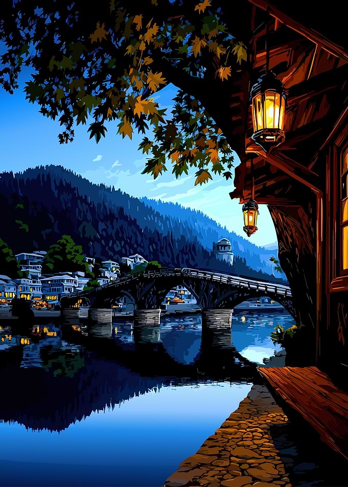 Bridge over a river at dusk