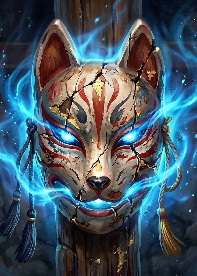 Haunted Kitsune Mask with Blue Energy