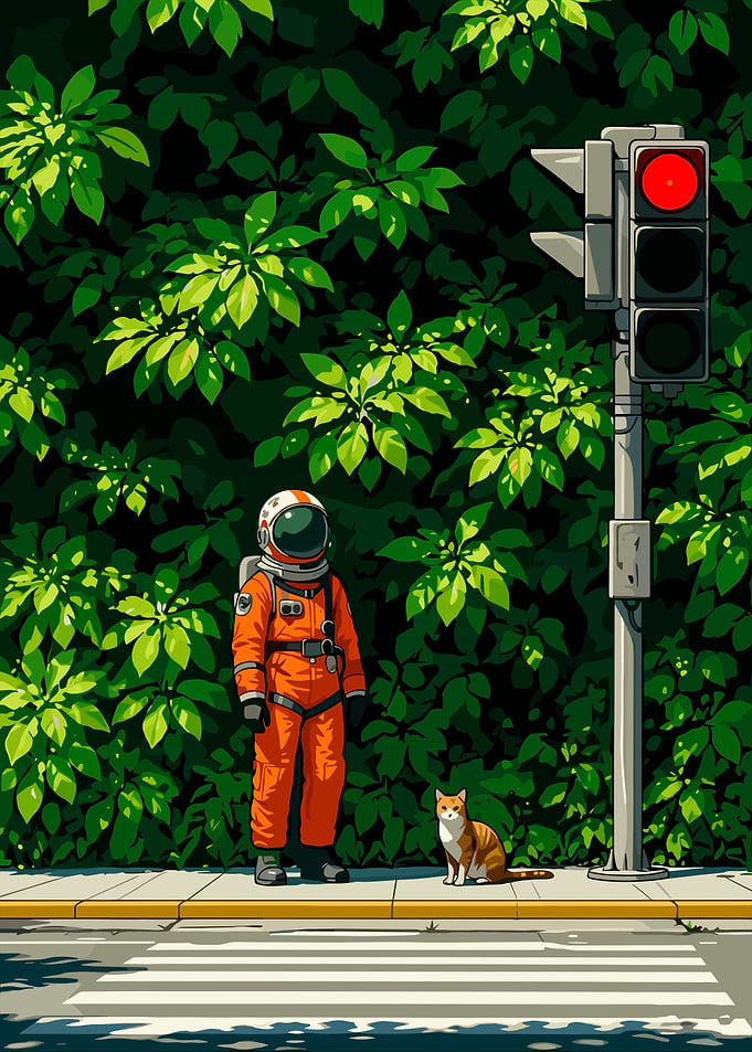 Astronaut and Cat at Traffic Light