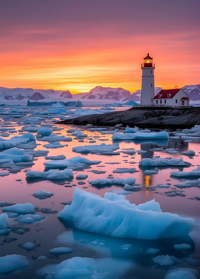 Lighthouse at Sunset with Icebergs