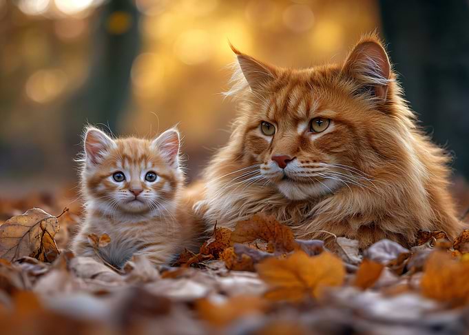 Mother and Kitten in Autumn Leaves