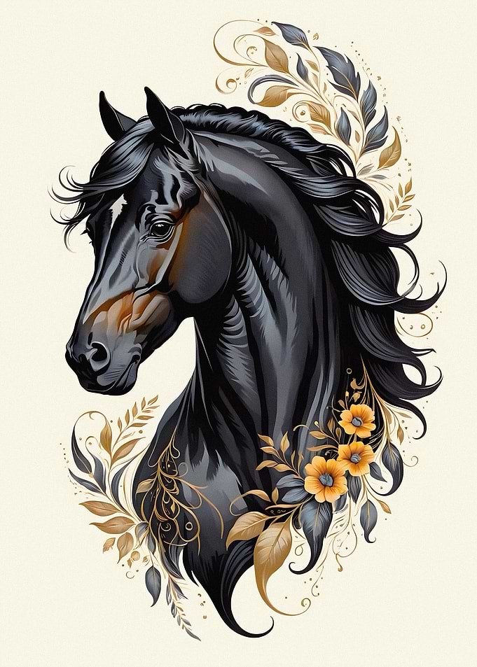 Elegant Black Horse with Floral Embellishments