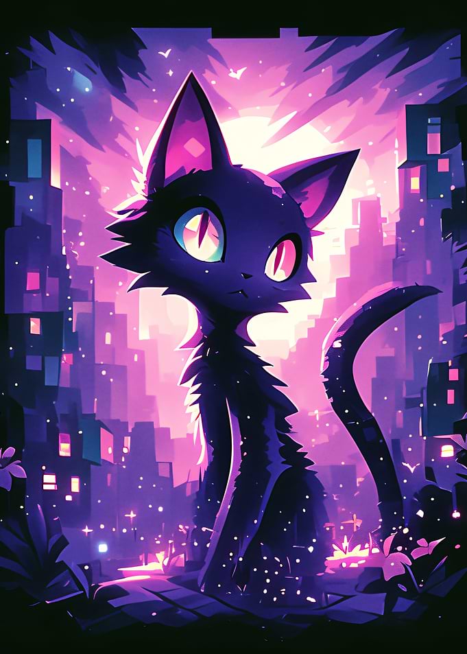 Black Cat in a Neon City