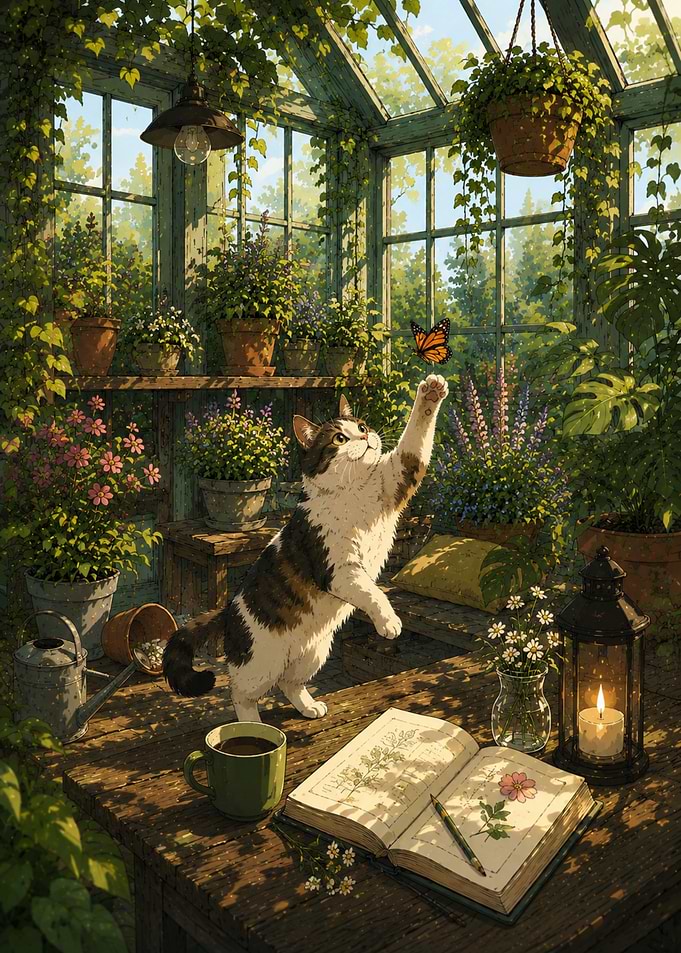 Cat playing with butterfly in greenhouse