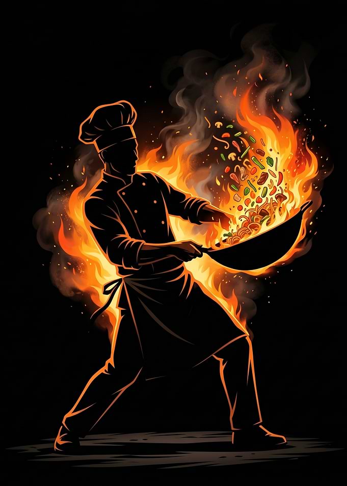 Dynamic Chef Tossing Stir-Fry Wok Flame Culinary Art