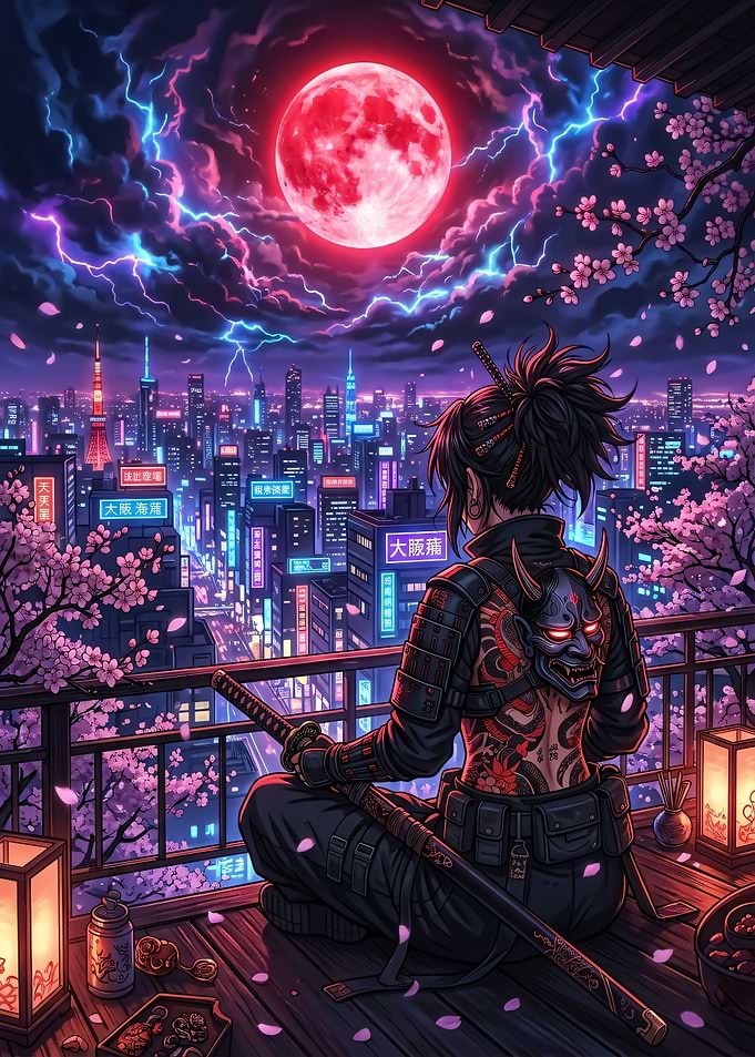 Samurai Overlooking Neon City
