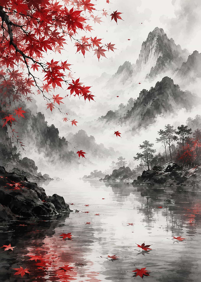 Misty Mountains and Red Maple Leaves