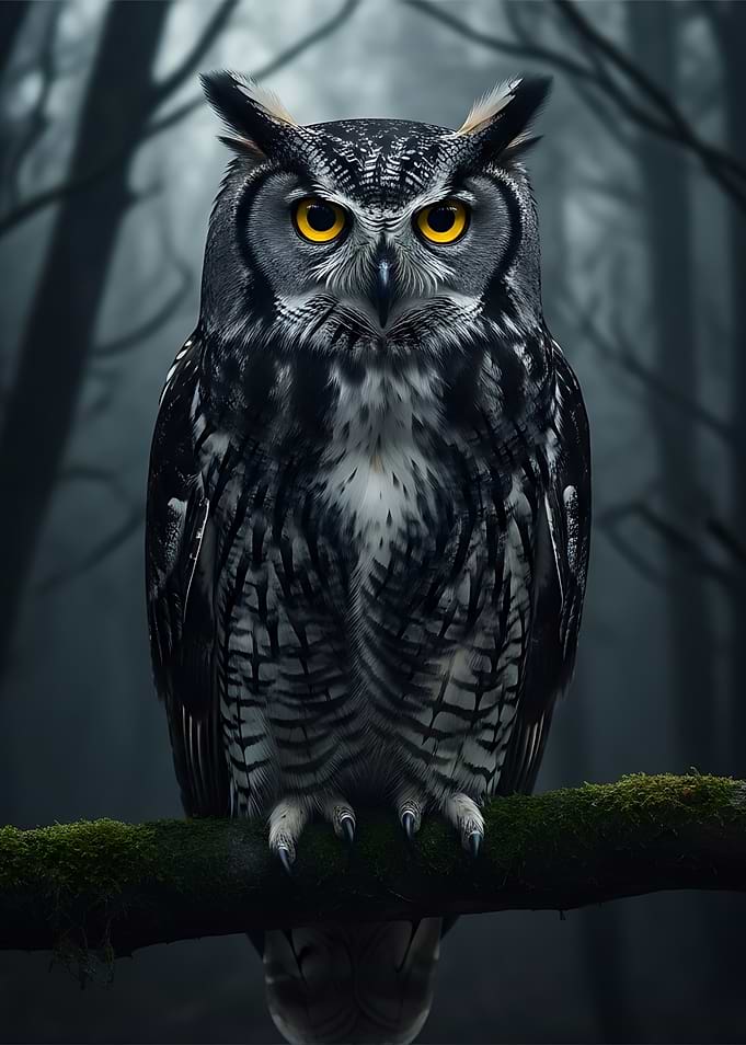Great Horned Owl in a Misty Forest